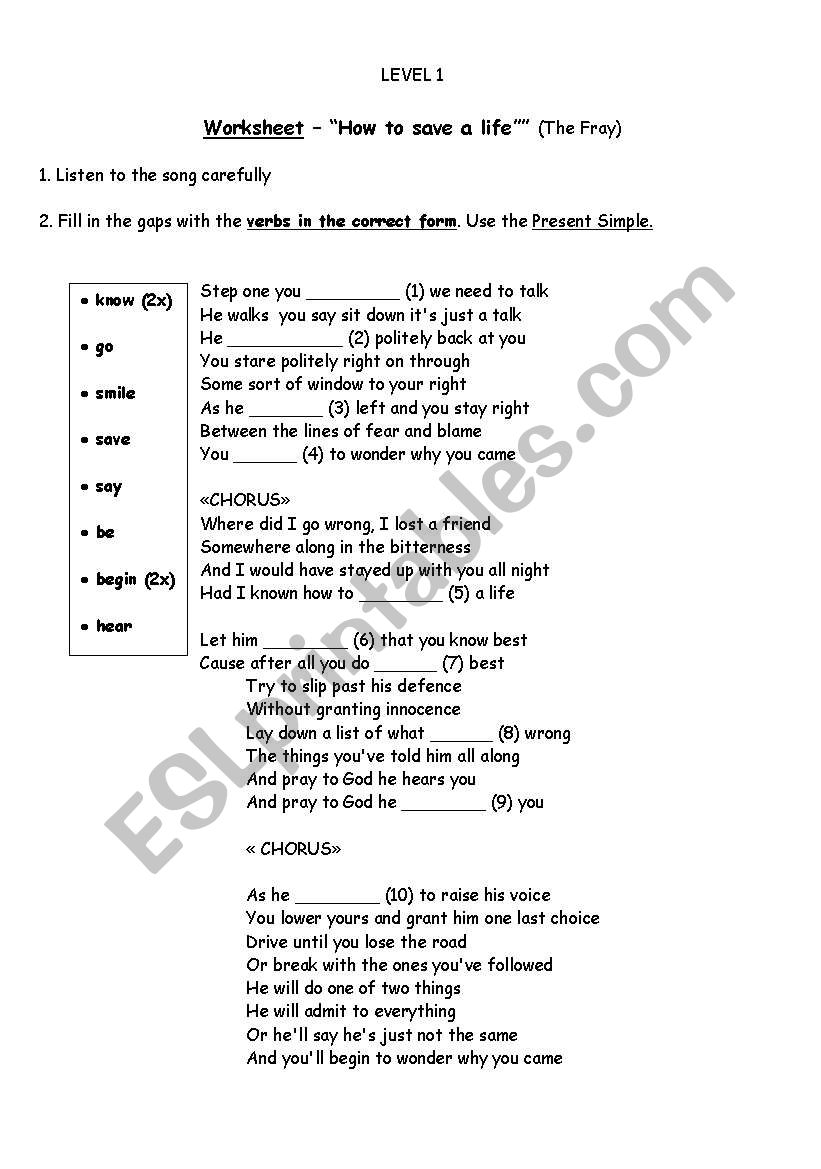 How to save a life - The Fray (song worksheet)