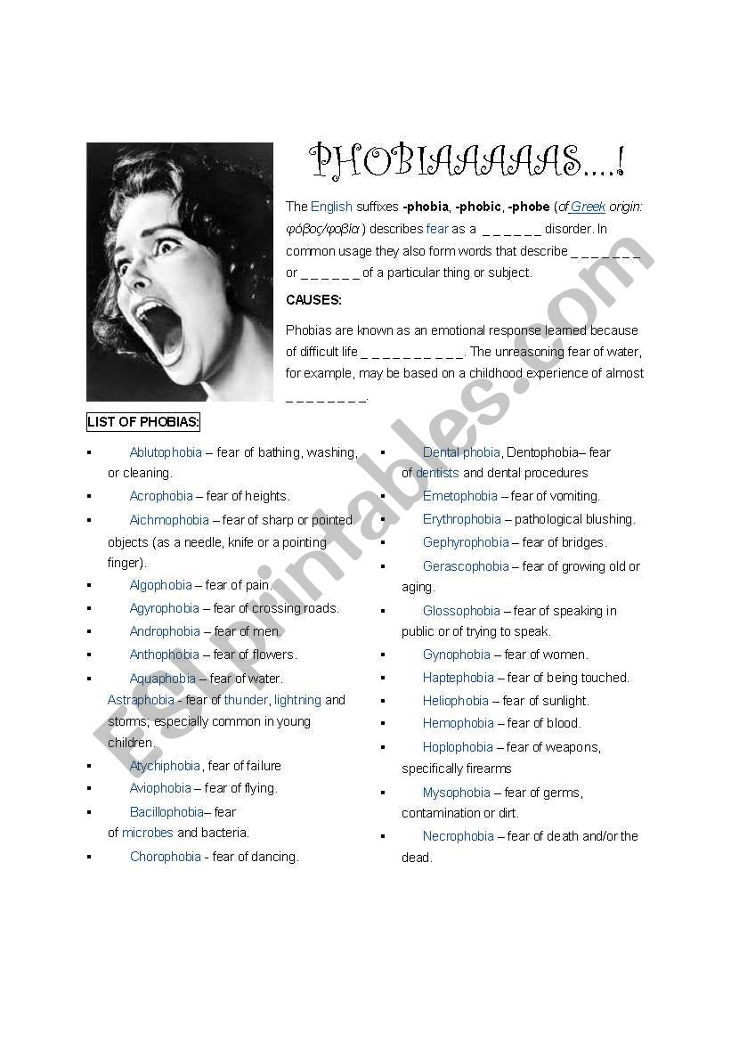 Phobias! worksheet