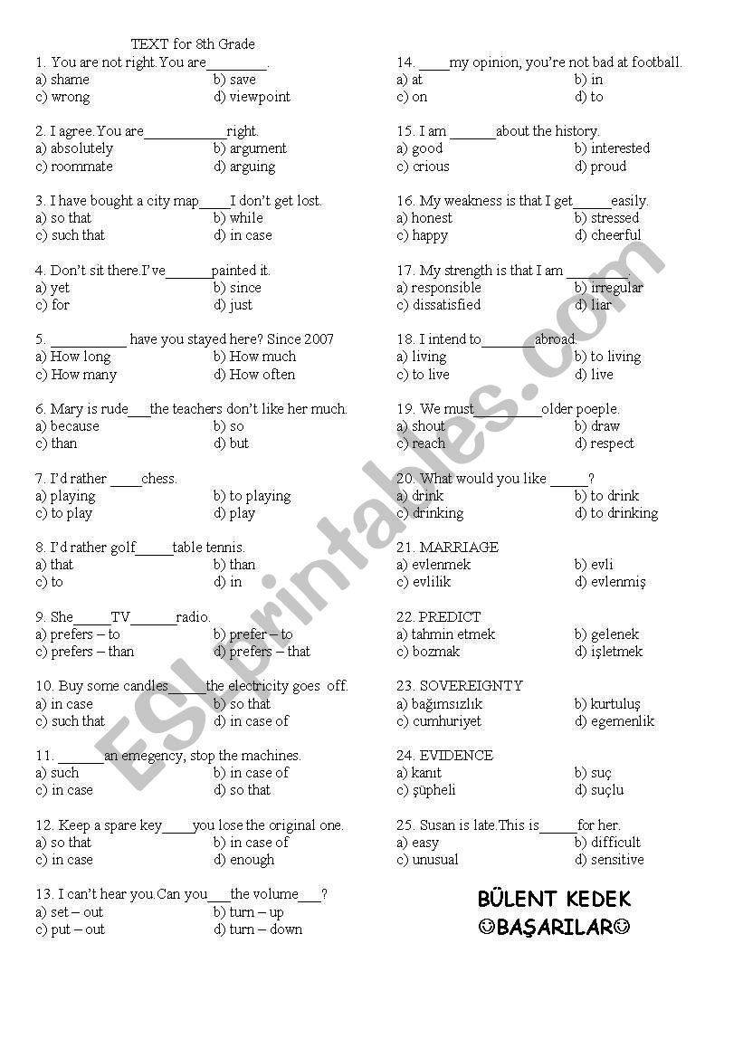 8th grade text worksheet