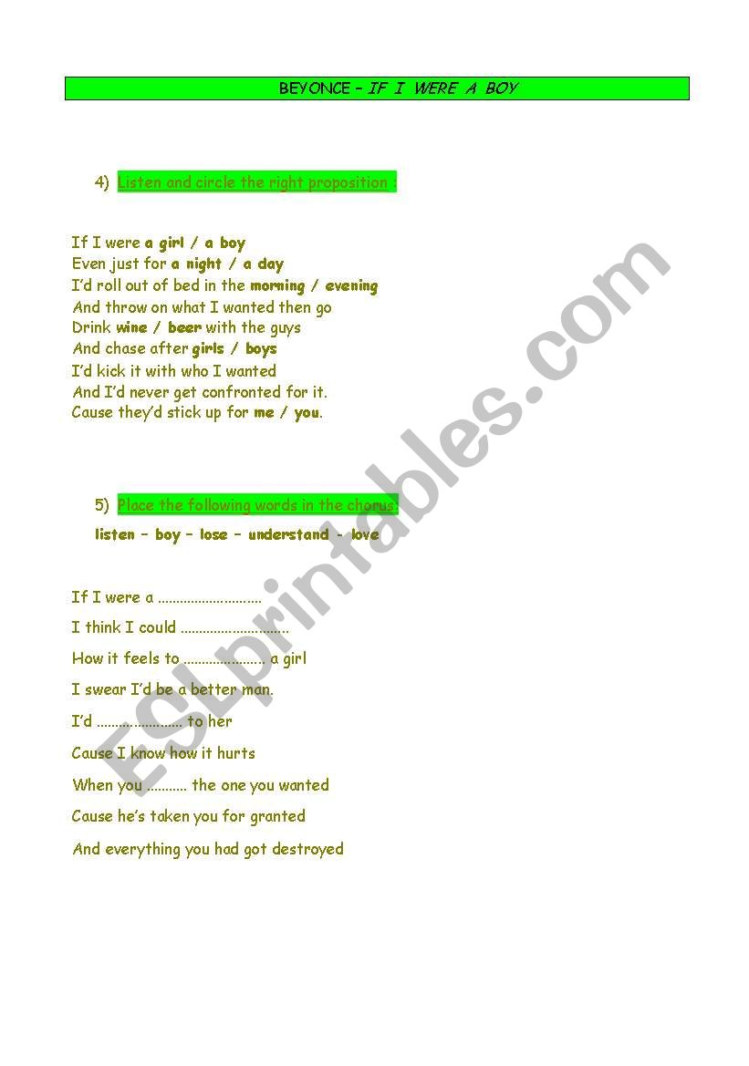 BEYONCE- IF I WERE A BOY worksheet