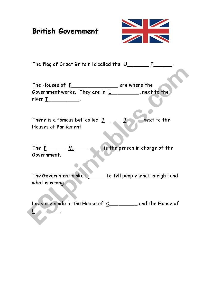 British Government gap fill worksheet
