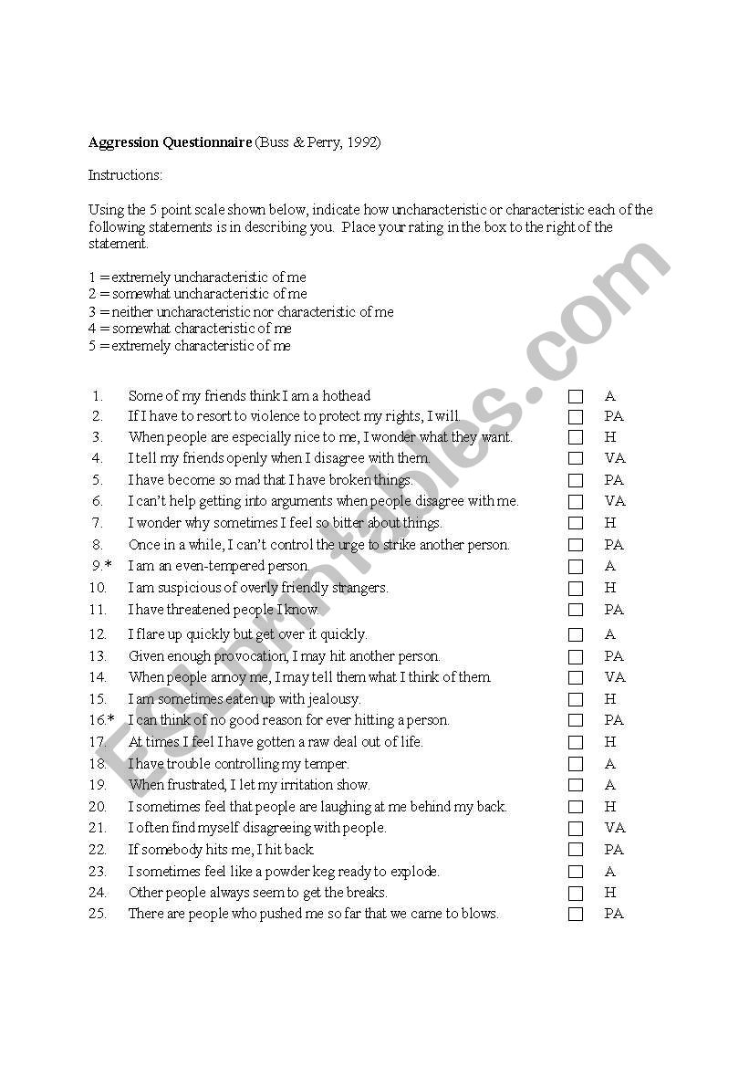 Aggression Questionaire worksheet