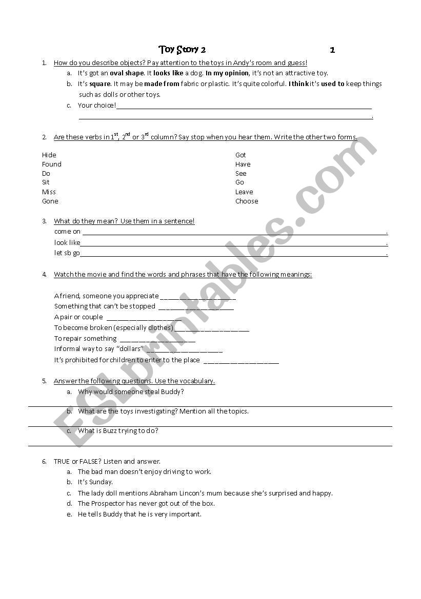 Toy Story 2-Scenes 5 to 8 worksheet