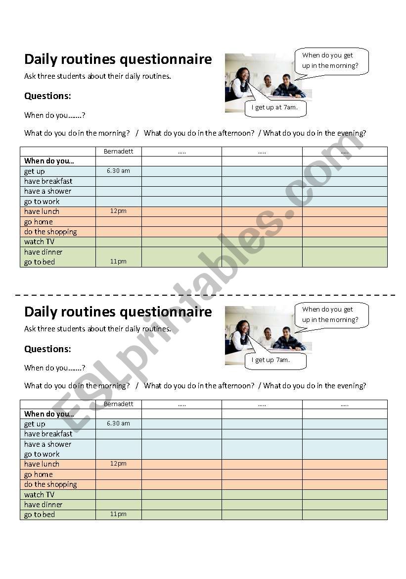 Daily routines questionnaire worksheet