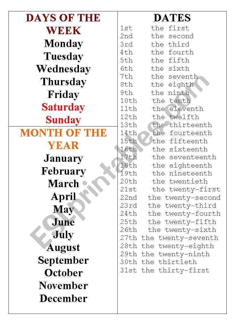 Day Month Date worksheet