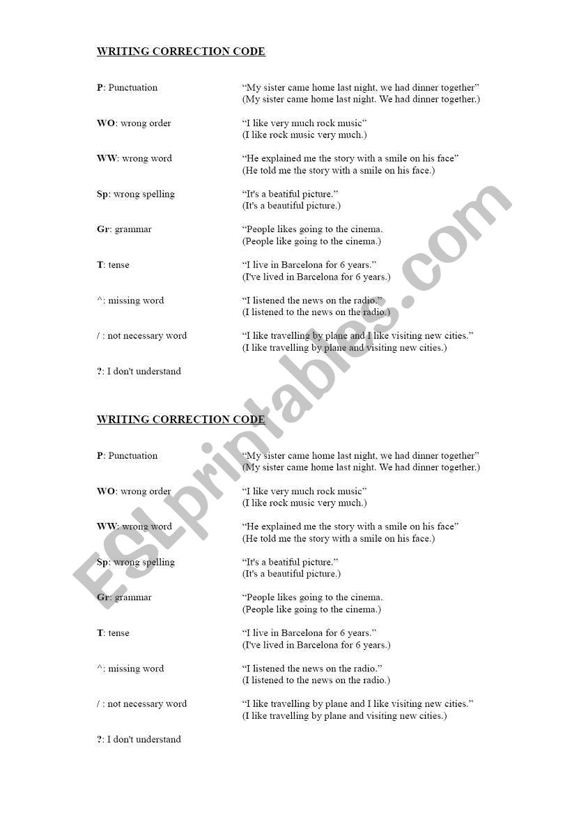 Writing Correction Code worksheet