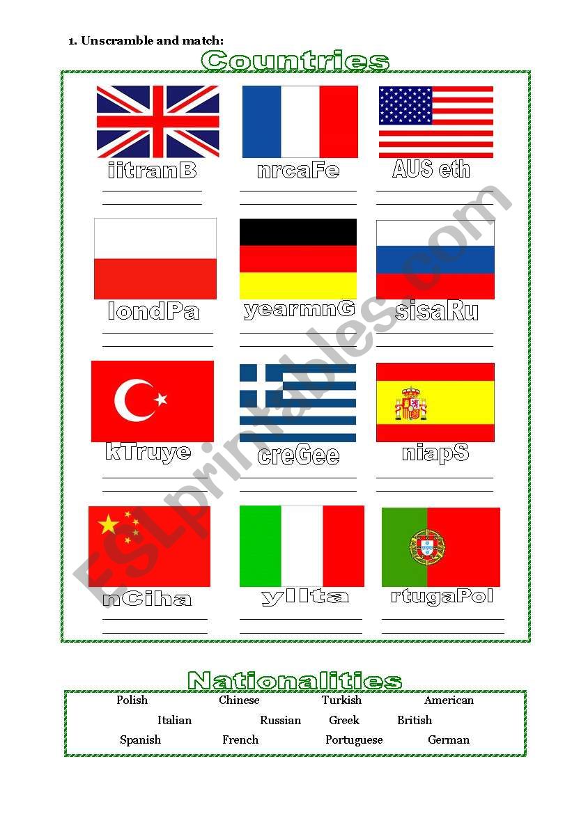 countries, nationalities worksheet