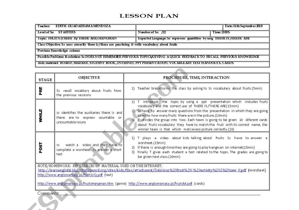 FRUITS LESSON  PLAN worksheet