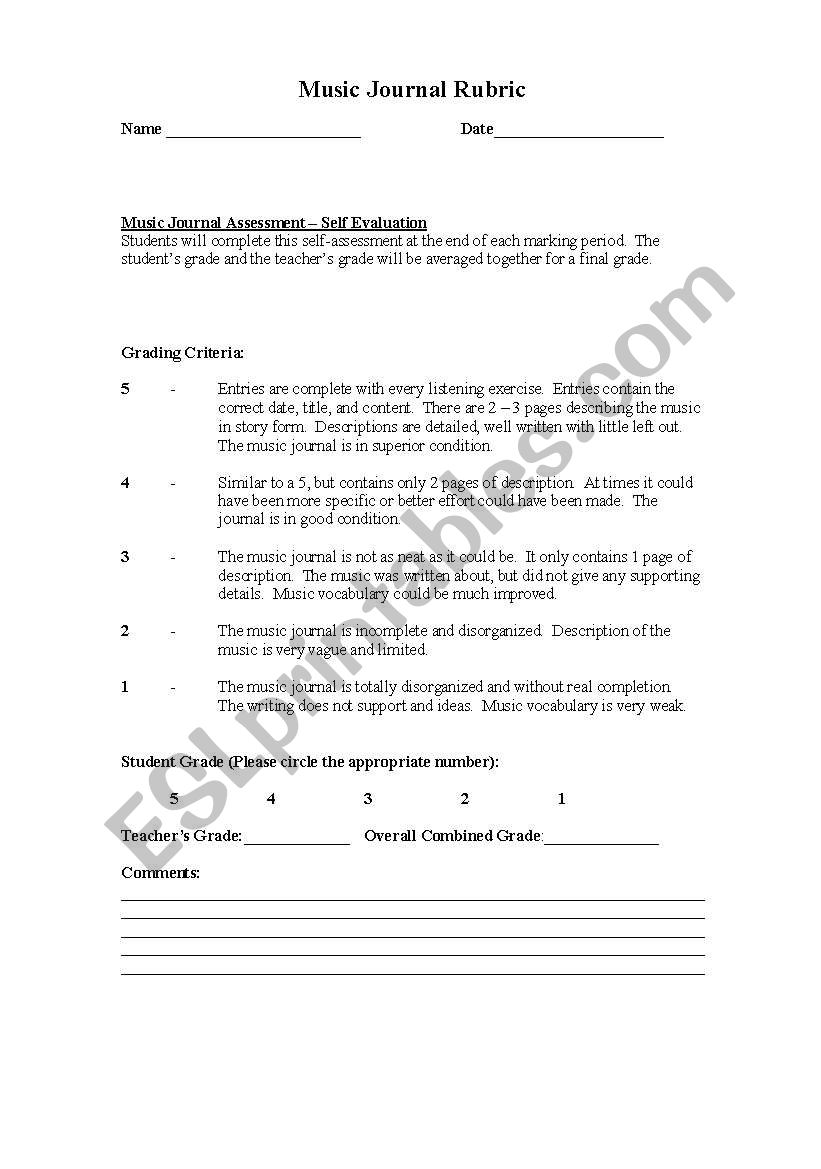 Music Journal Rubric worksheet