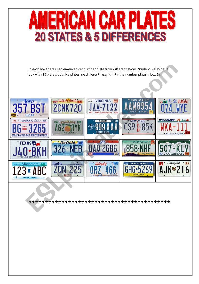 American Car Plates Part 1 worksheet