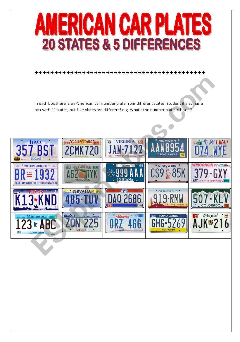 American Car Plates part 2 worksheet