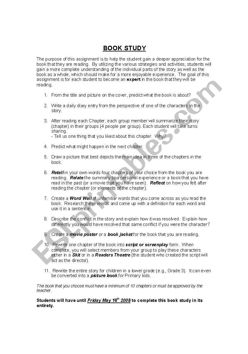 Book Study Activities worksheet