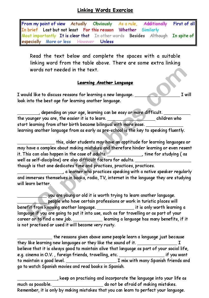 Linking words Exercise worksheet