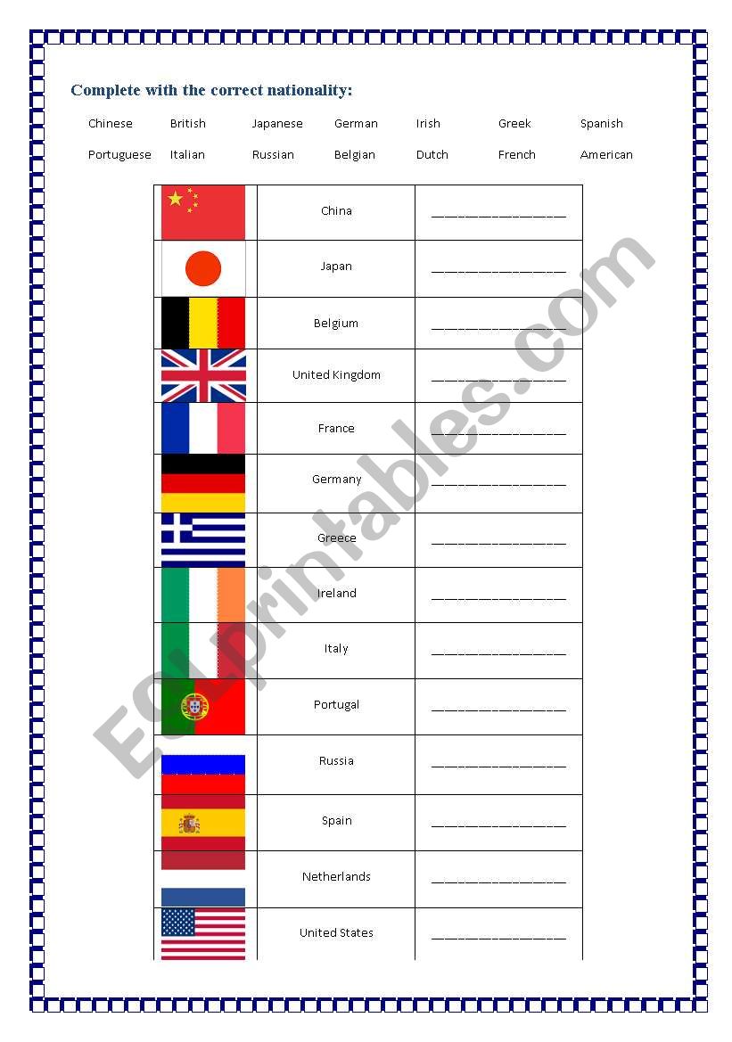 Nationalities worksheet