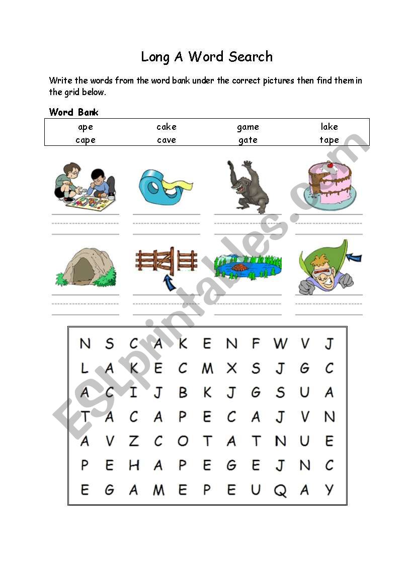 Long A Word Search worksheet