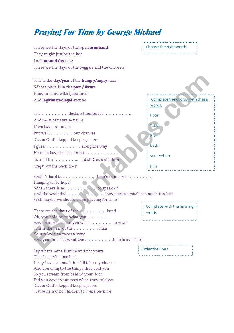 Praying for Time (song) worksheet