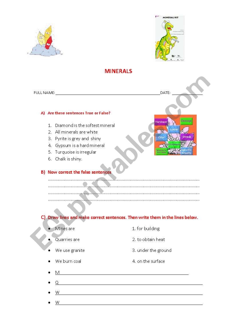 Minerals worksheet