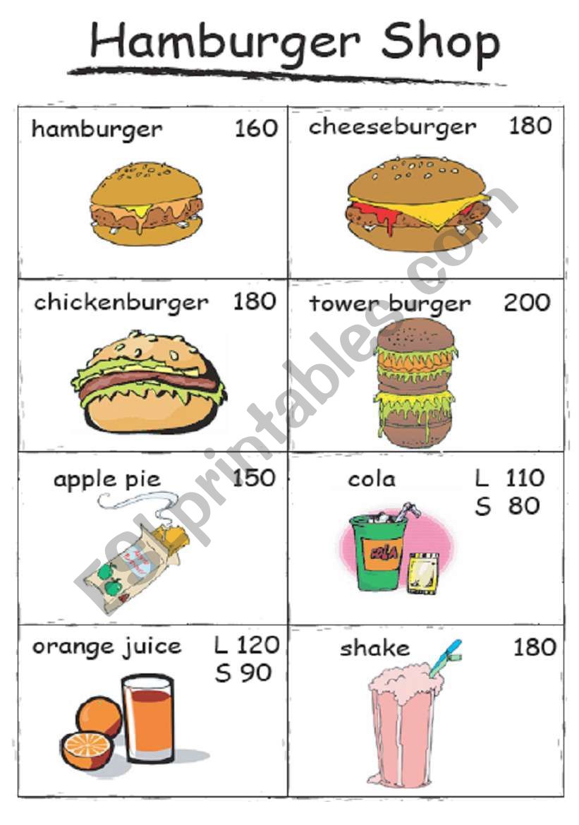Hamburger Shop Menu worksheet