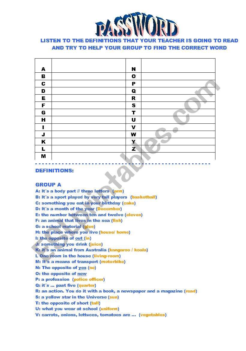 password worksheet