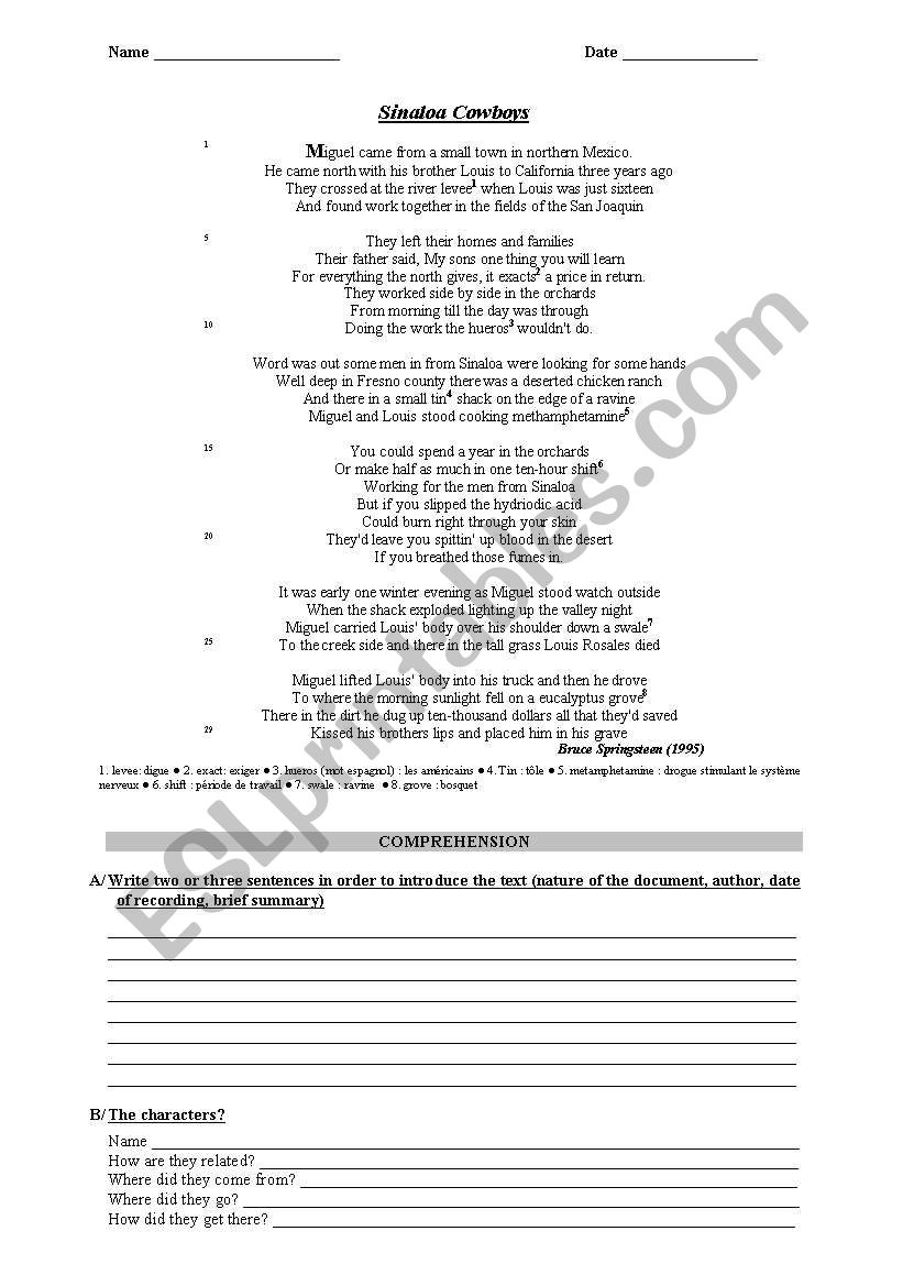 Sinaloa Cowboys worksheet