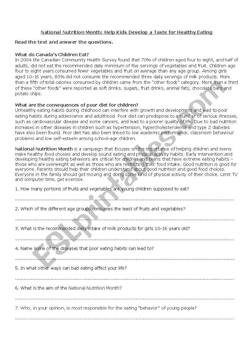 Childrens eating habits worksheet