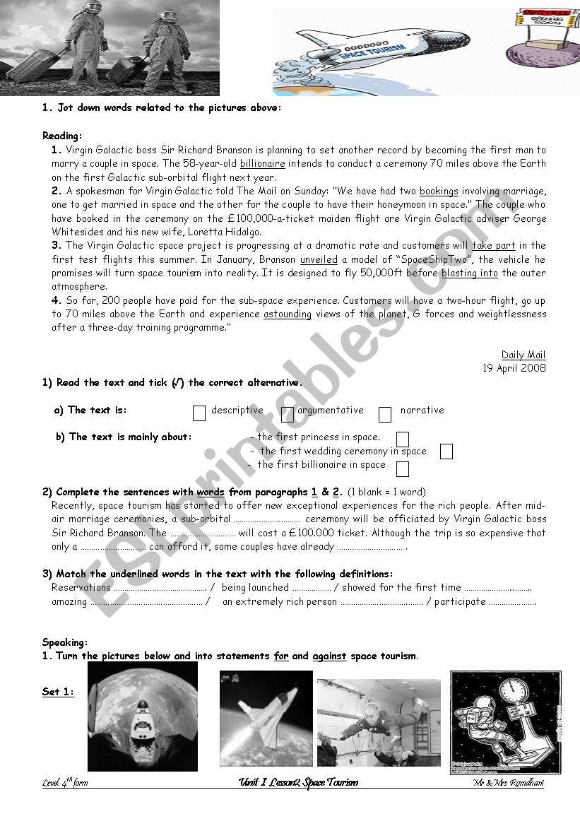 space tourism pros and cons worksheet