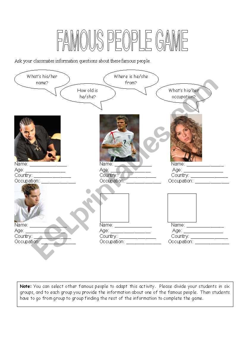 Famous People Game worksheet