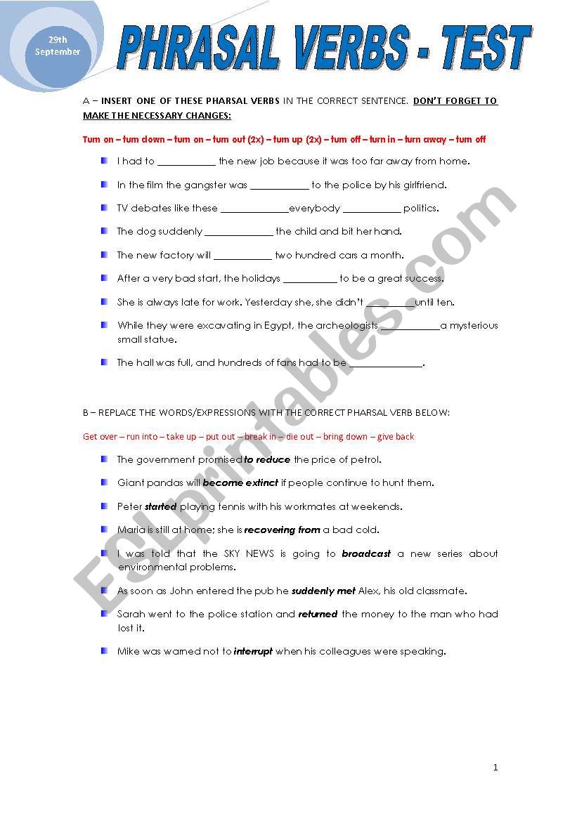 PHRASAL VERBS TEST worksheet