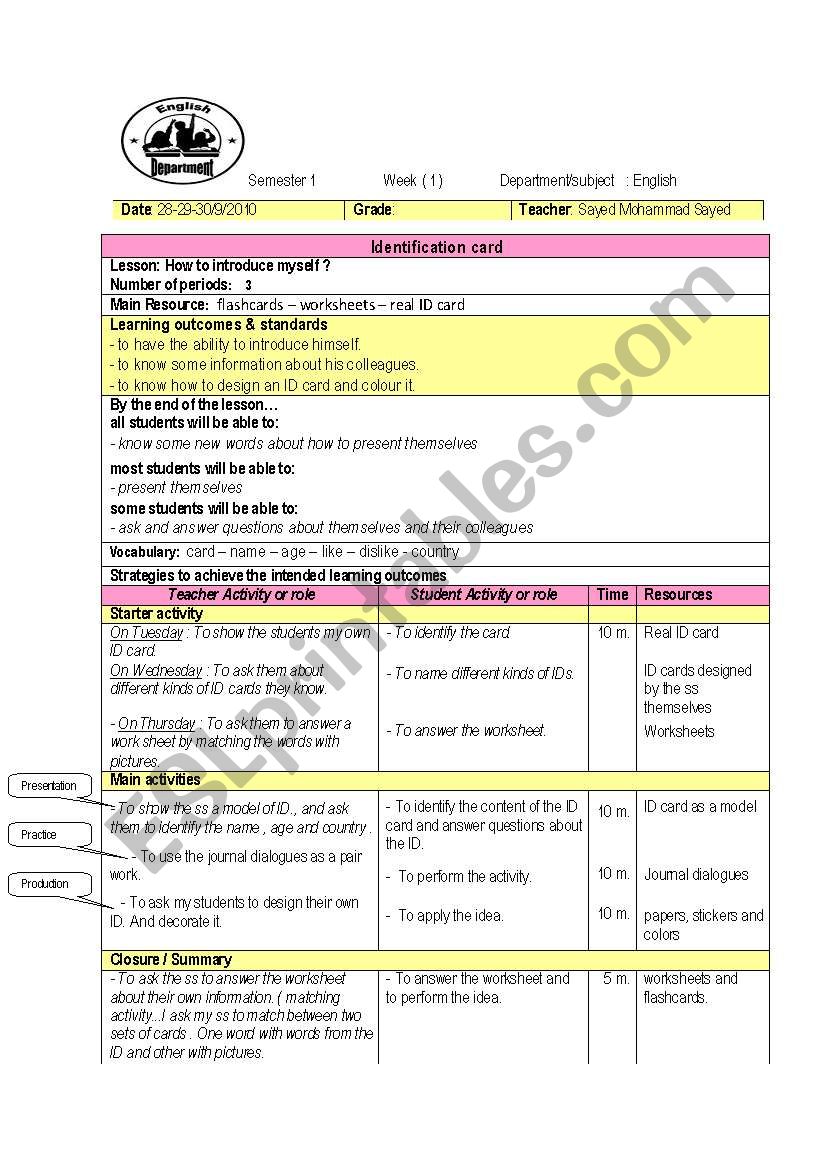 lesson plan id card worksheet