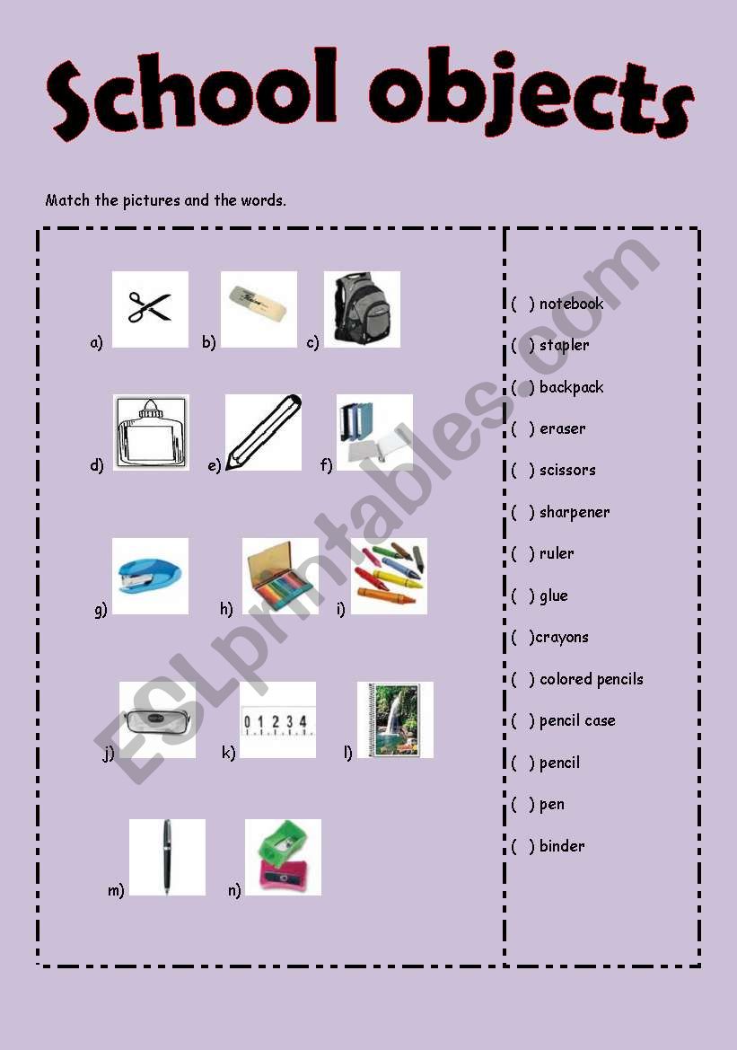 School objects worksheet