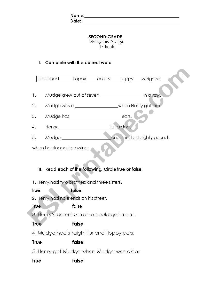 Henry and Mudge First Book worksheet