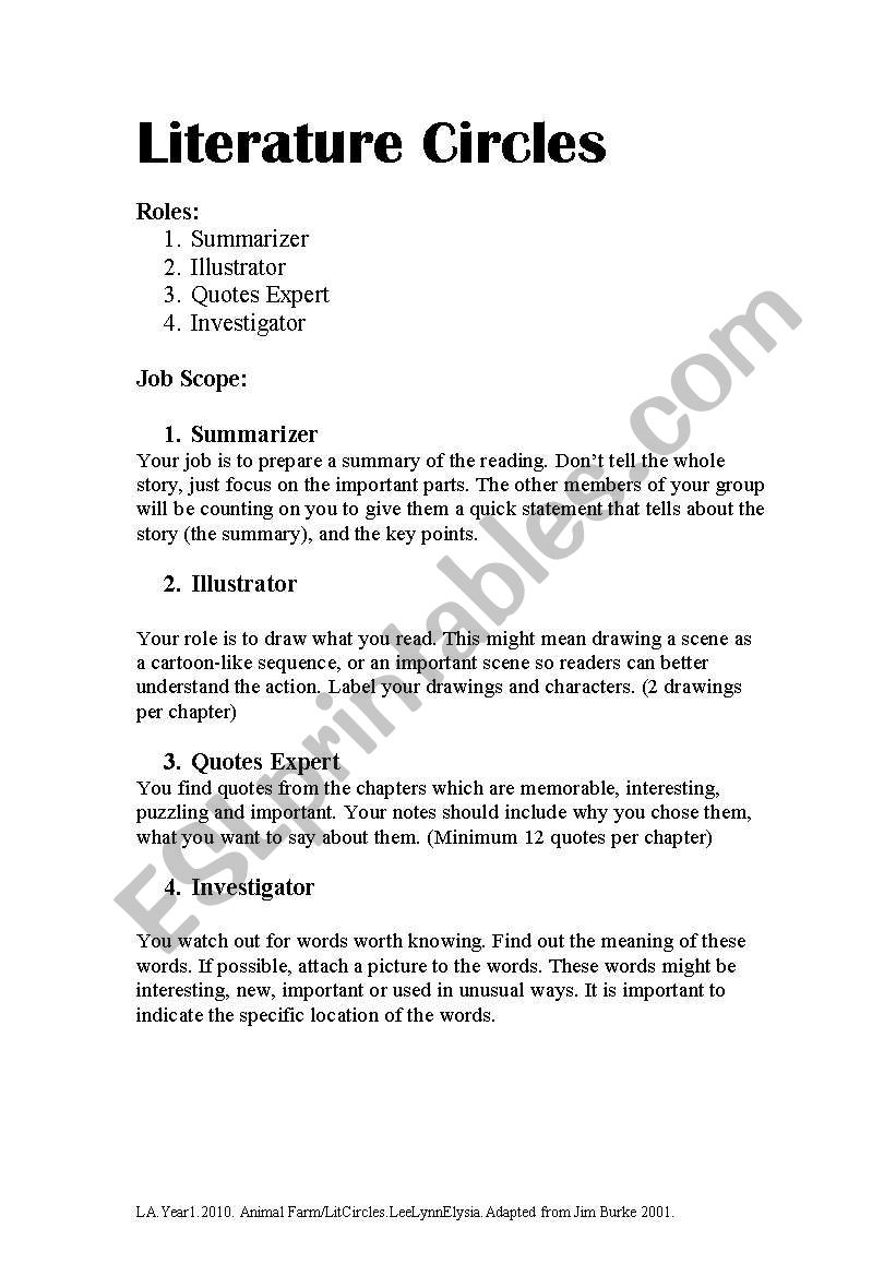 Literature Circle worksheet