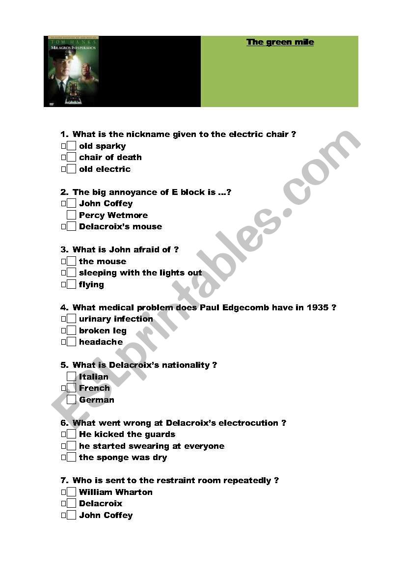 the green mile MCQ worksheet