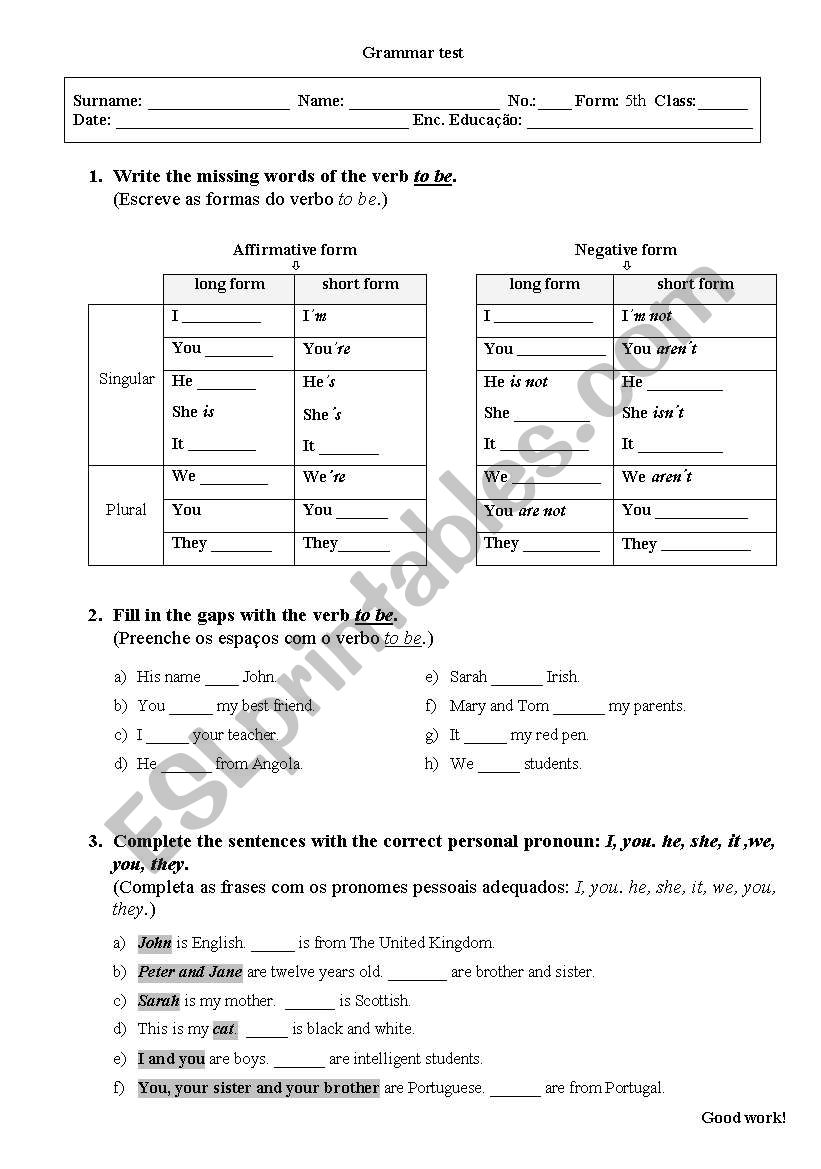 Grammar test worksheet