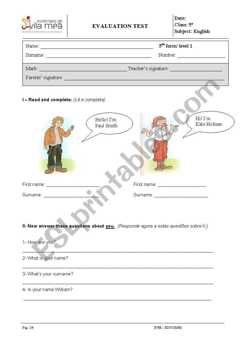 first test  worksheet