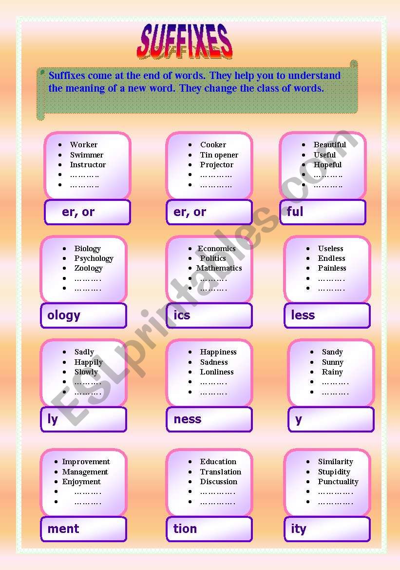 Suffixes worksheet