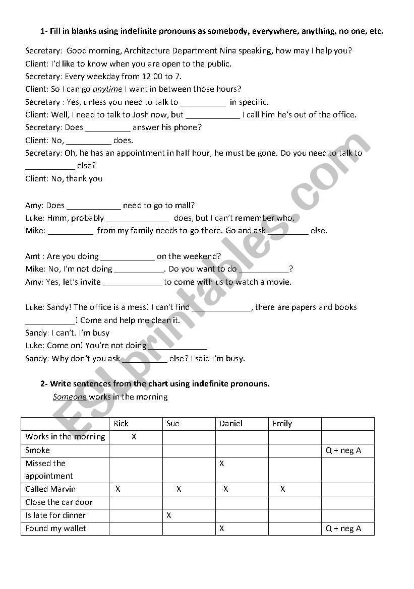 Indefinite pronouns worksheet