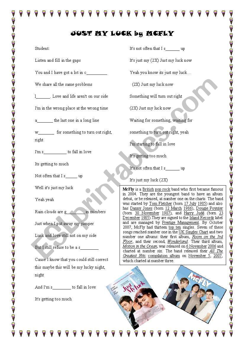 just my luck by Mcfly worksheet