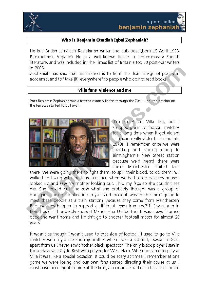 Benjamin Zephaniah worksheet