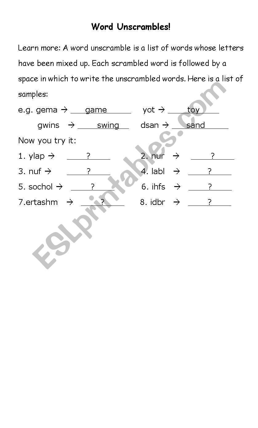 word unscramble worksheet