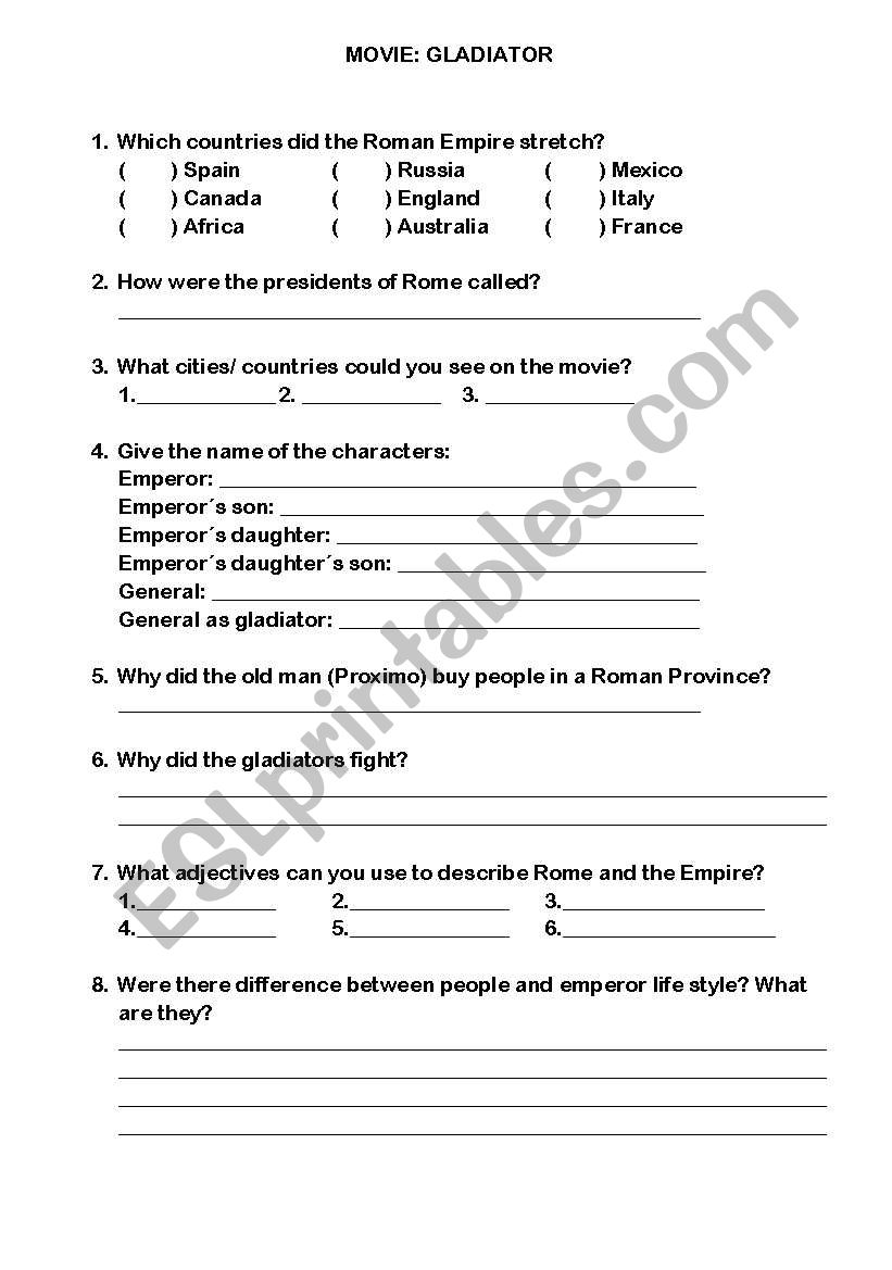 gladiator movie worksheet