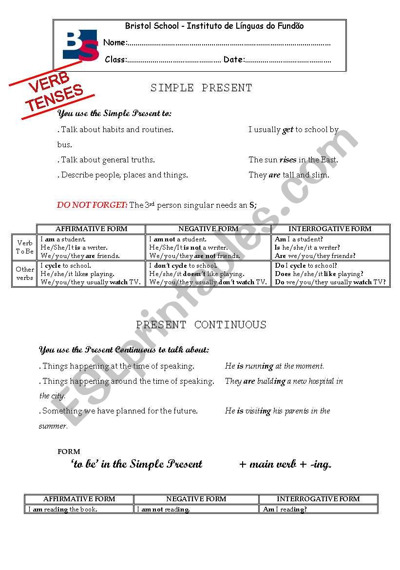 Verb Tenses - Explanatory notes