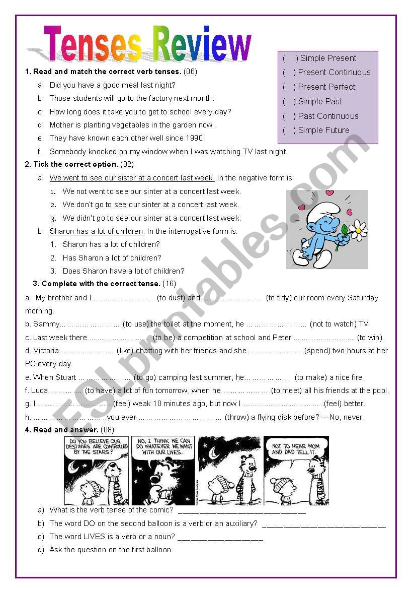 Tenses Review Test worksheet