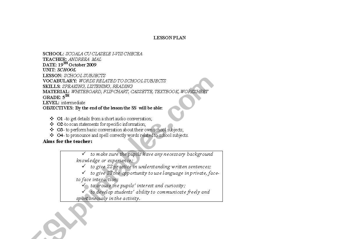 lesson plan 5th grade worksheet