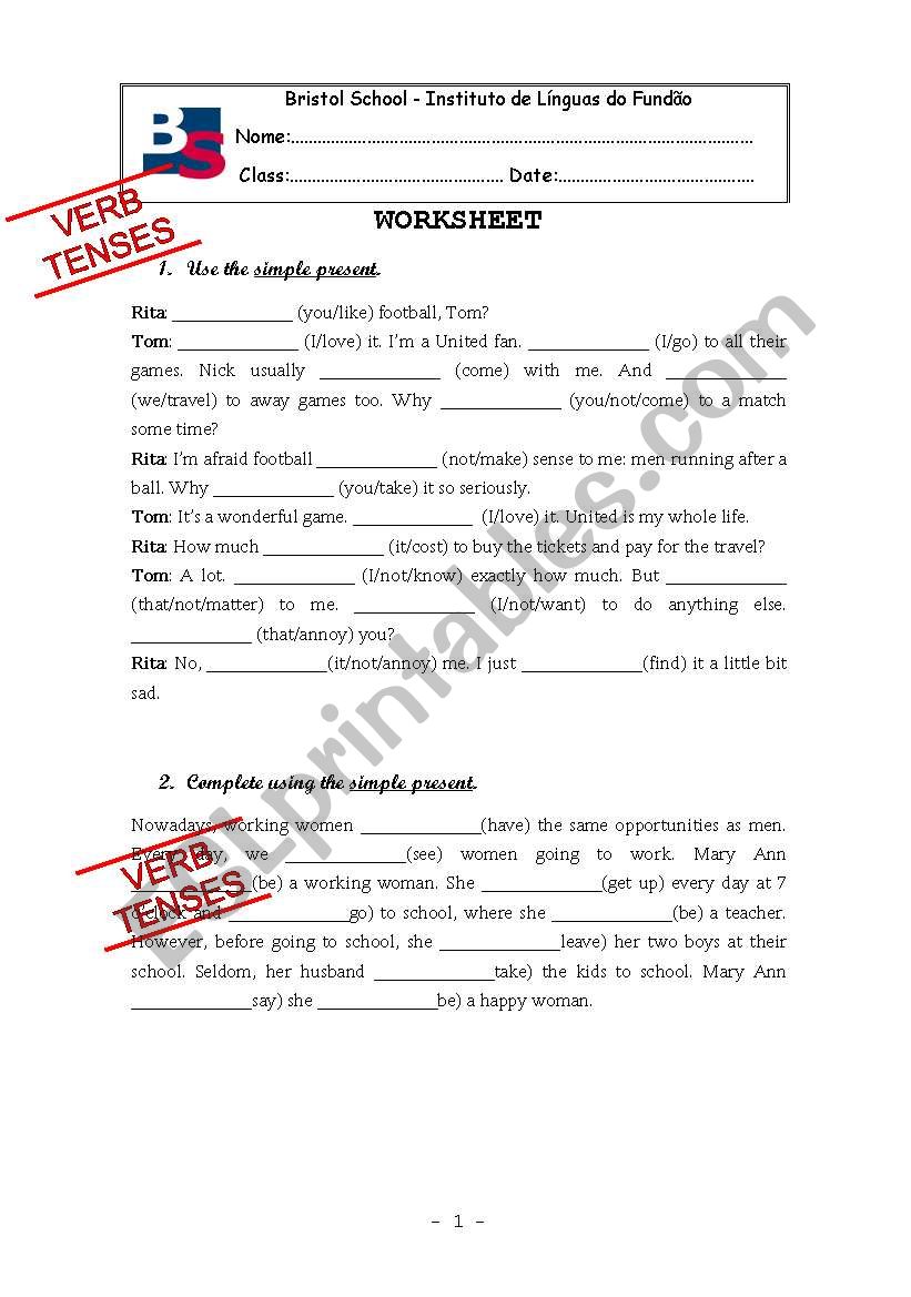 Verb tenses exercises worksheet