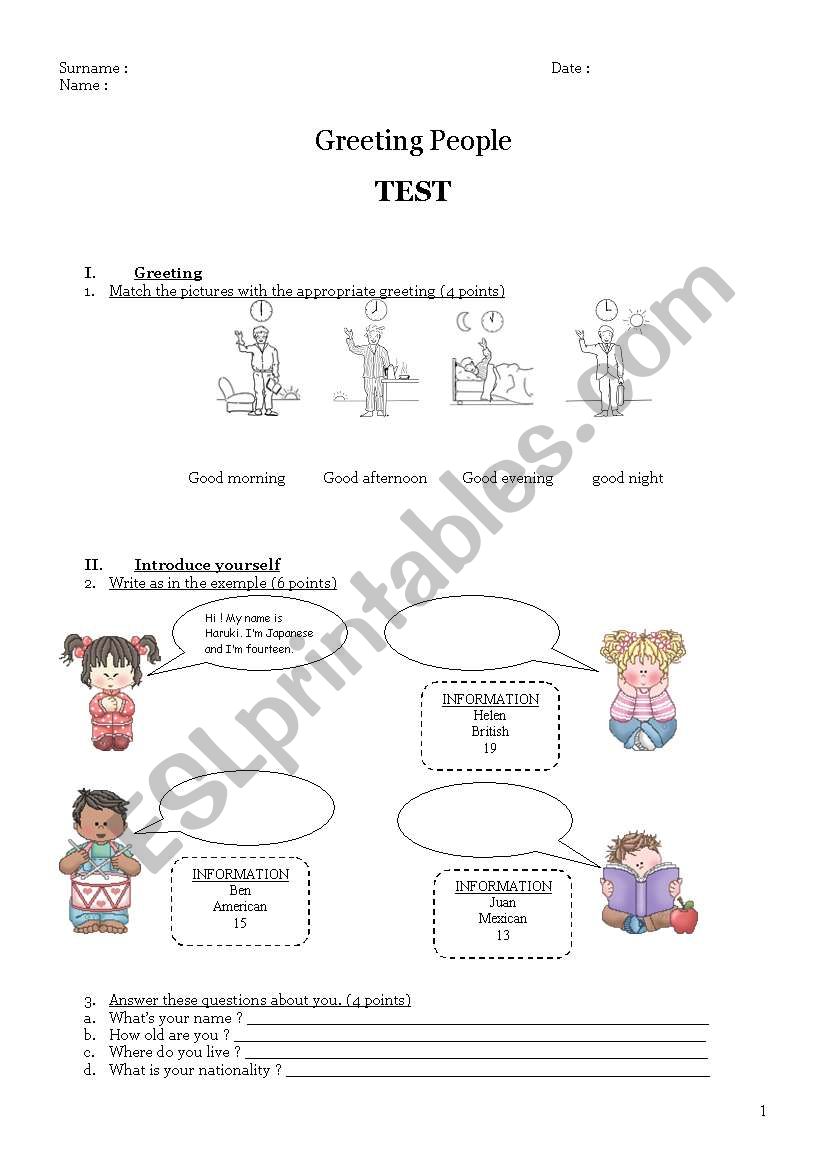 Test for Greeting worksheet