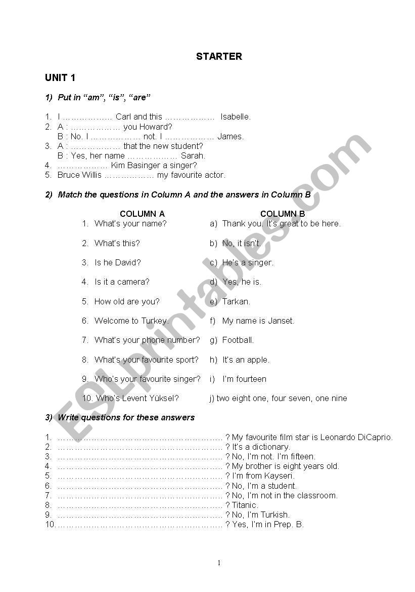 starters worksheet