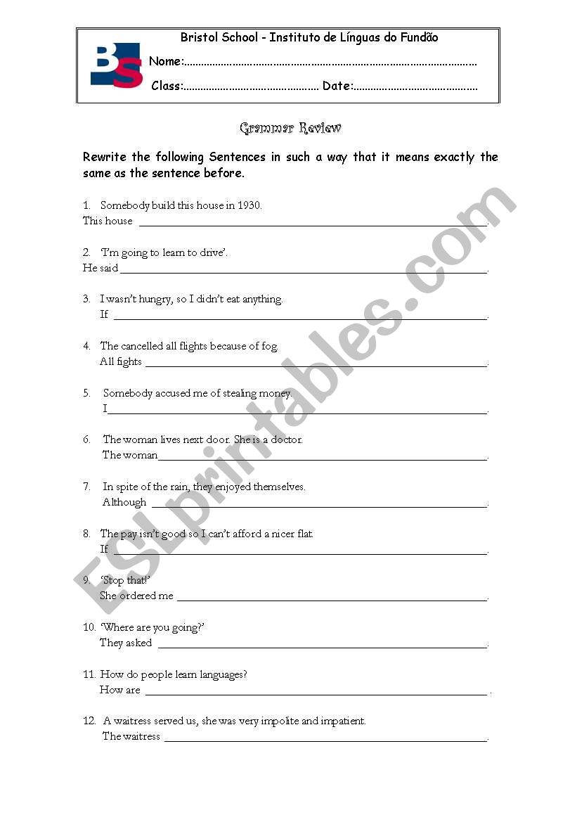 Grammar review worksheet