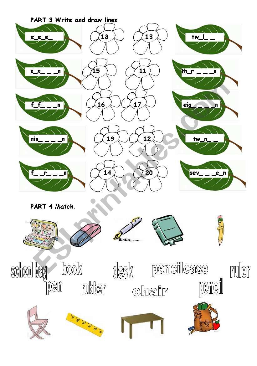 numbers, classroom objects worksheet