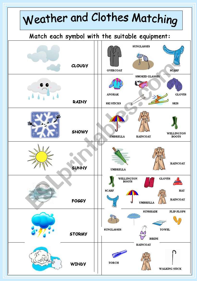 Weather and clothes matching worksheet